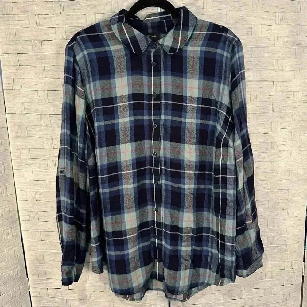 Lane Bryant pink and blue plaid shirt southwestern grunge, fall, plus size